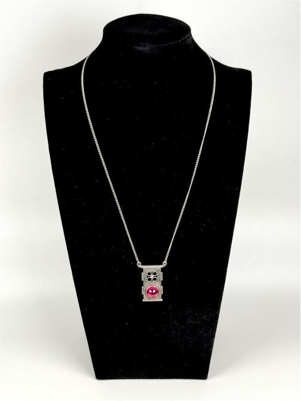 Unique Sterling Silver Modernist Brutalist Pink Glass Cabochon Pendant Necklace